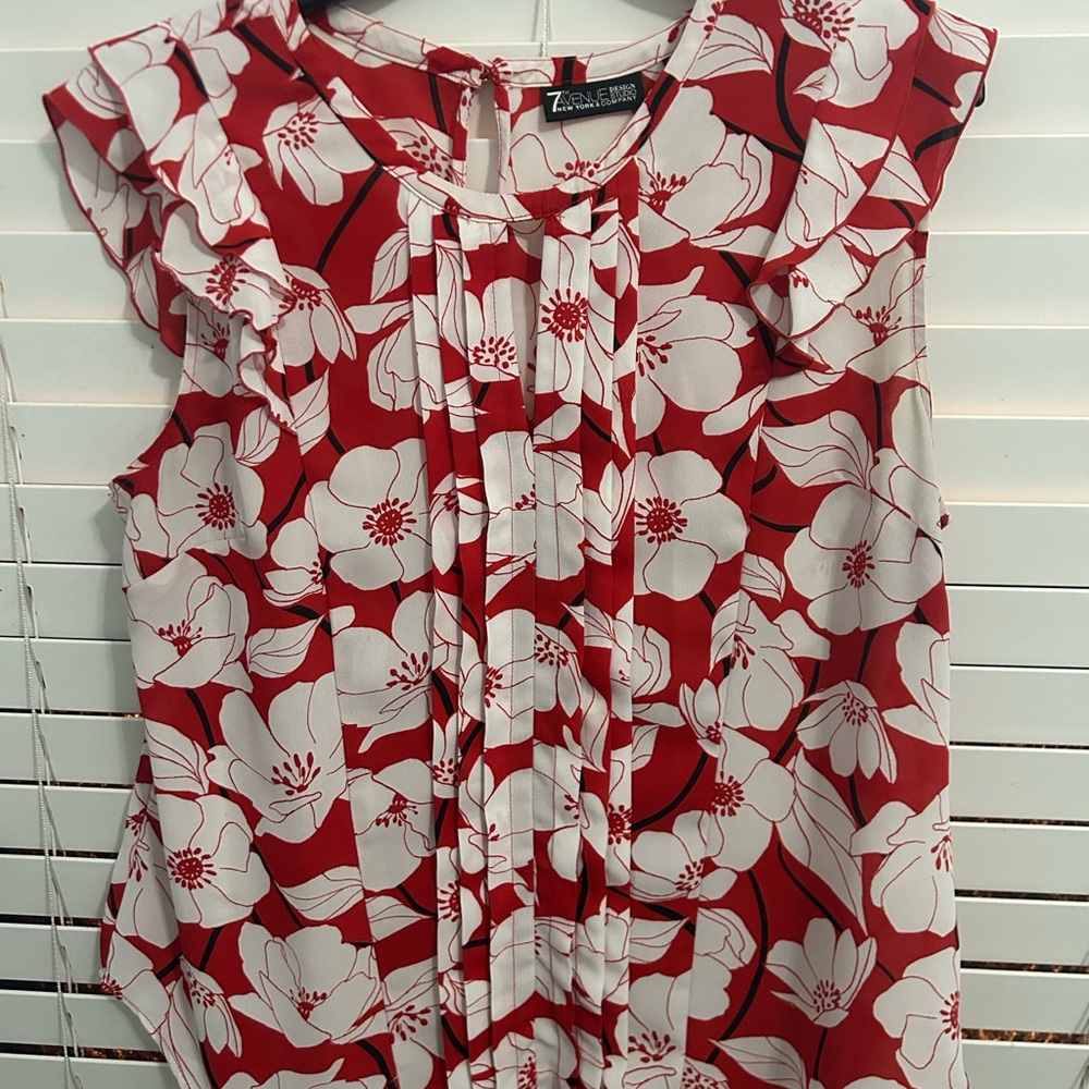 Red and White Blouse with Flutter Sleeves and Ruffled Tie Front